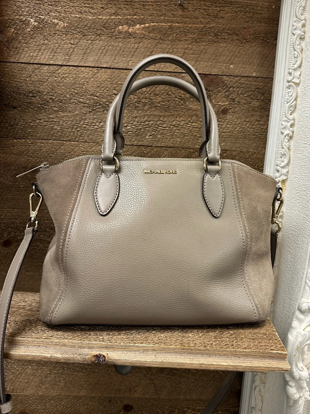 Michael Kors Taupe Pebbled Leather & Suede Satchel Crossbody Bag